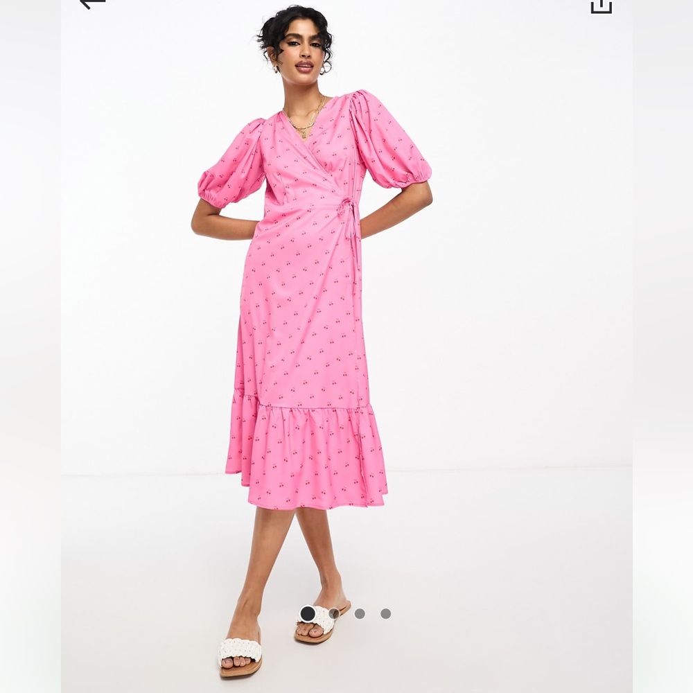 NWT…ASOS Elegant Pink Wrap Dress with Cherries…SZ 10
